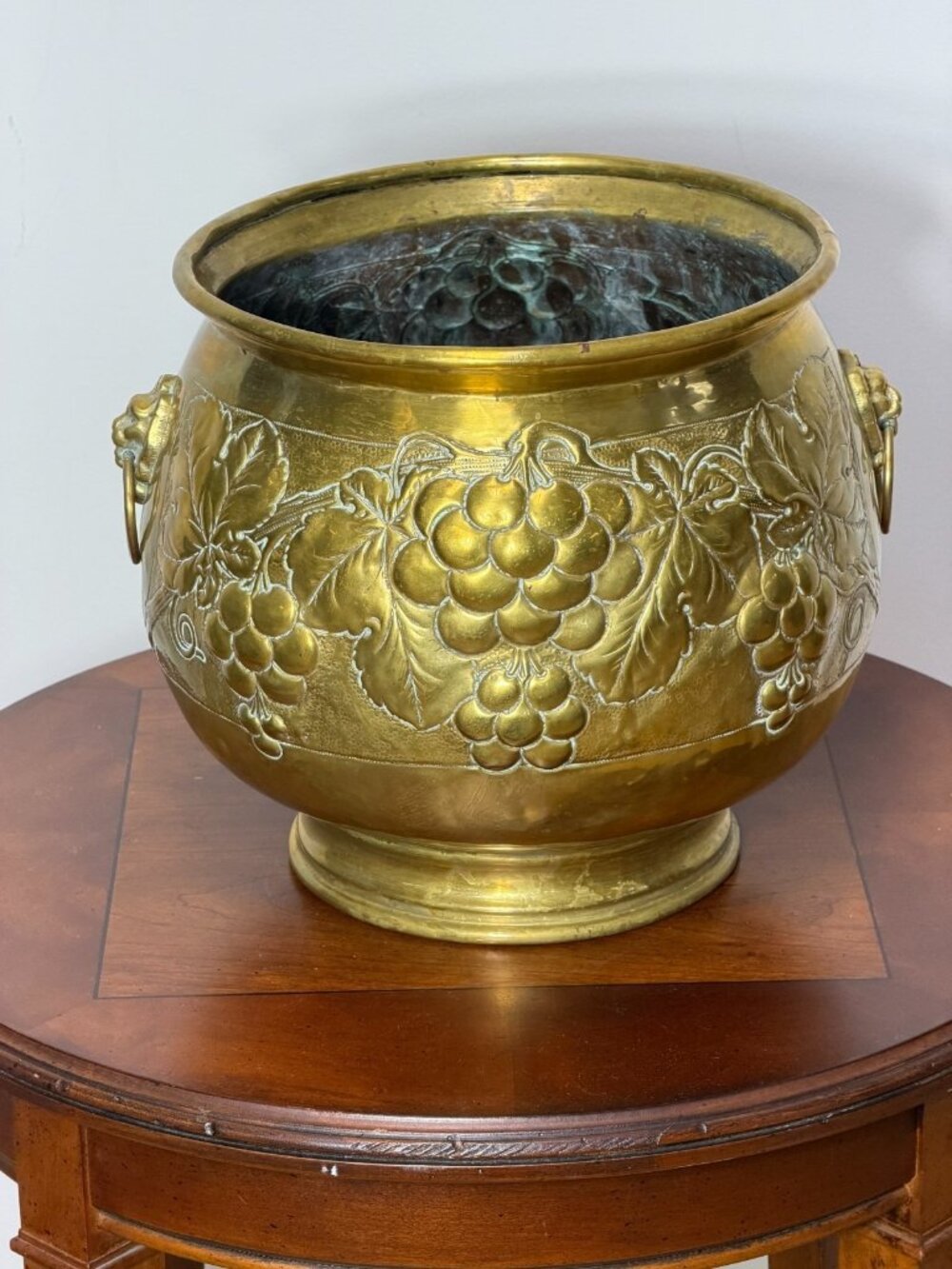 Victorian brass jardiniere cachepot repousse' grape motif  lion head handles